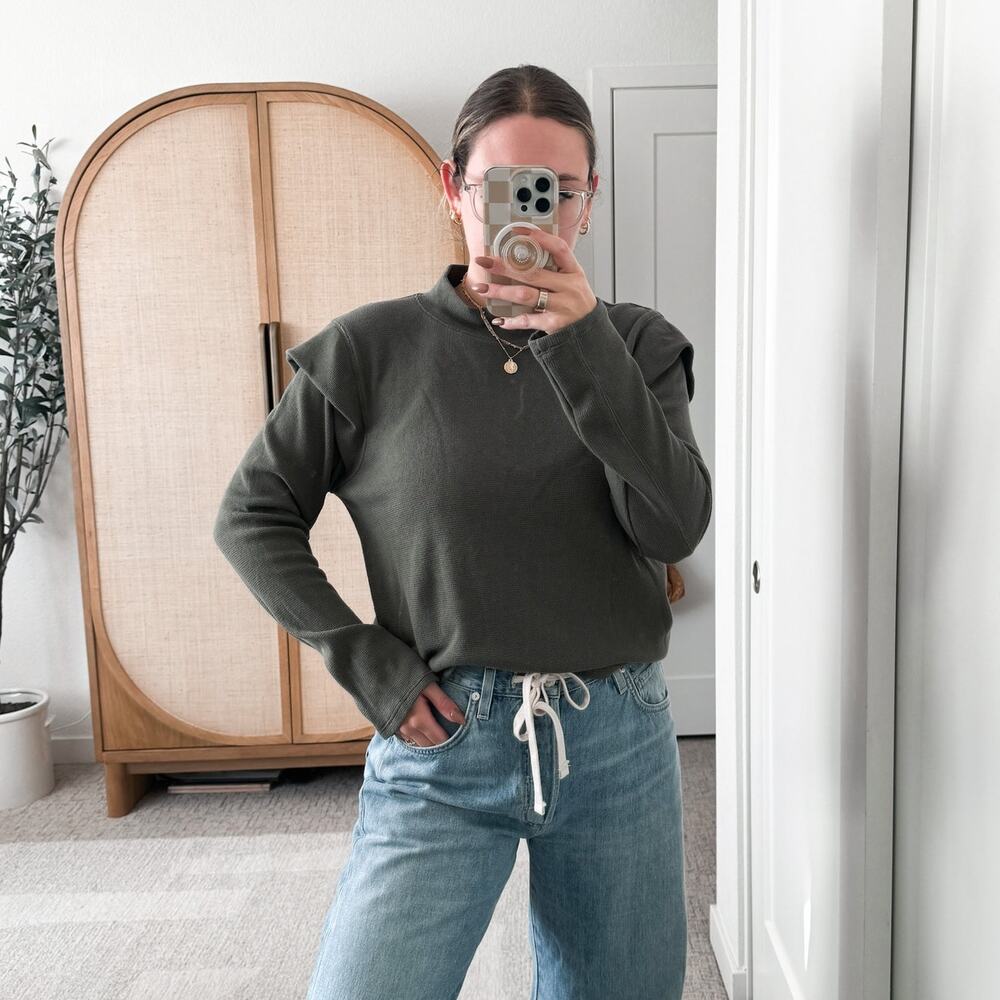 Free People‎ Dark Olive Green Ruffle Long Sleeve Top